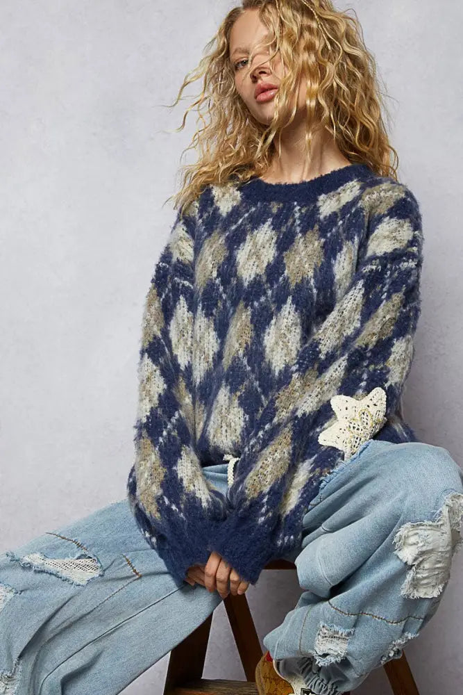 Round Neck Balloon Sleeve Argyle Mohair Sweater Top - Posh Finds