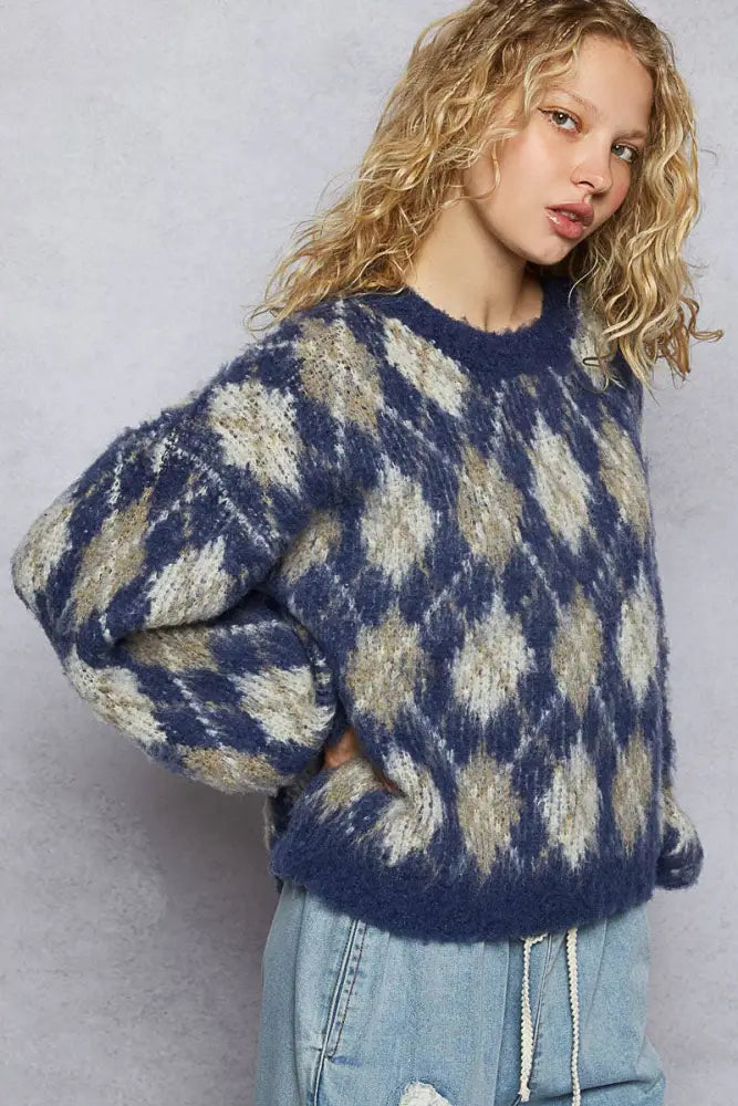 Round Neck Balloon Sleeve Argyle Mohair Sweater Top - Posh Finds