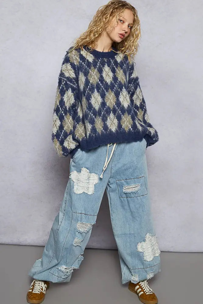 Round Neck Balloon Sleeve Argyle Mohair Sweater Top - Posh Finds