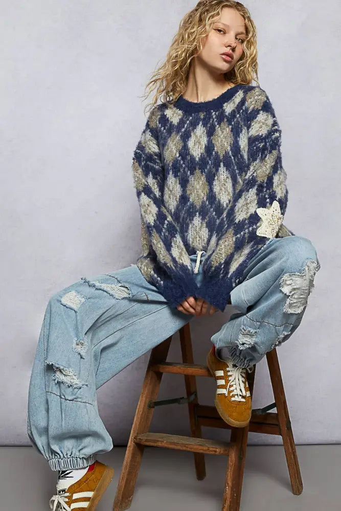 Round Neck Balloon Sleeve Argyle Mohair Sweater Top - Posh Finds