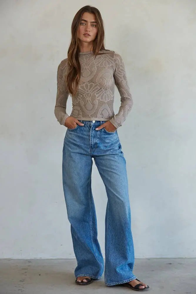 S1228 | Knit Seamless Jacquard Mock Neck Long Sleeve Top: Ash Mauve / ML