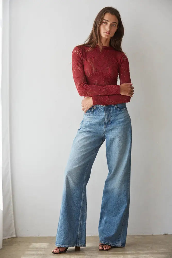 S1228 | Knit Seamless Jacquard Mock Neck Long Sleeve Top: Merlot / ML