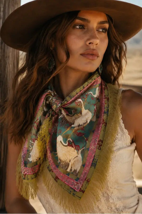 Satin Print Tassel Fringe Scarf - Accessories