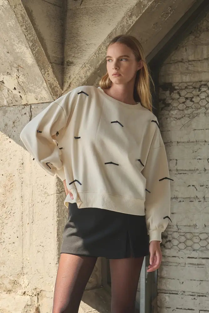 SATIN TAPE RIBBON CREWNECK SWEATSHIRT in CREAM - Posh Finds