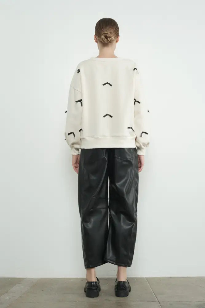 SATIN TAPE RIBBON CREWNECK SWEATSHIRT in CREAM - Posh Finds