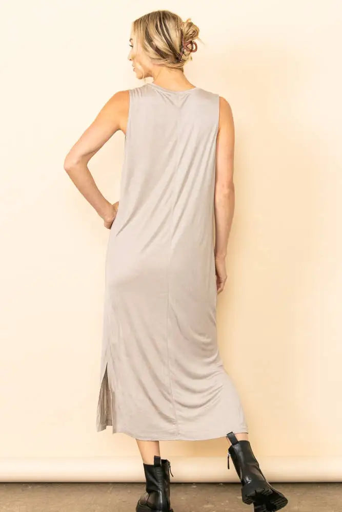 Side Slit Knit T-Shirt Maxi Dress: Taupe - Posh Finds