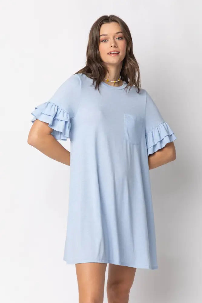 ND30255-French Terry Pocket Tee Shirt Dress: SKY / S-M-L/2-2-2