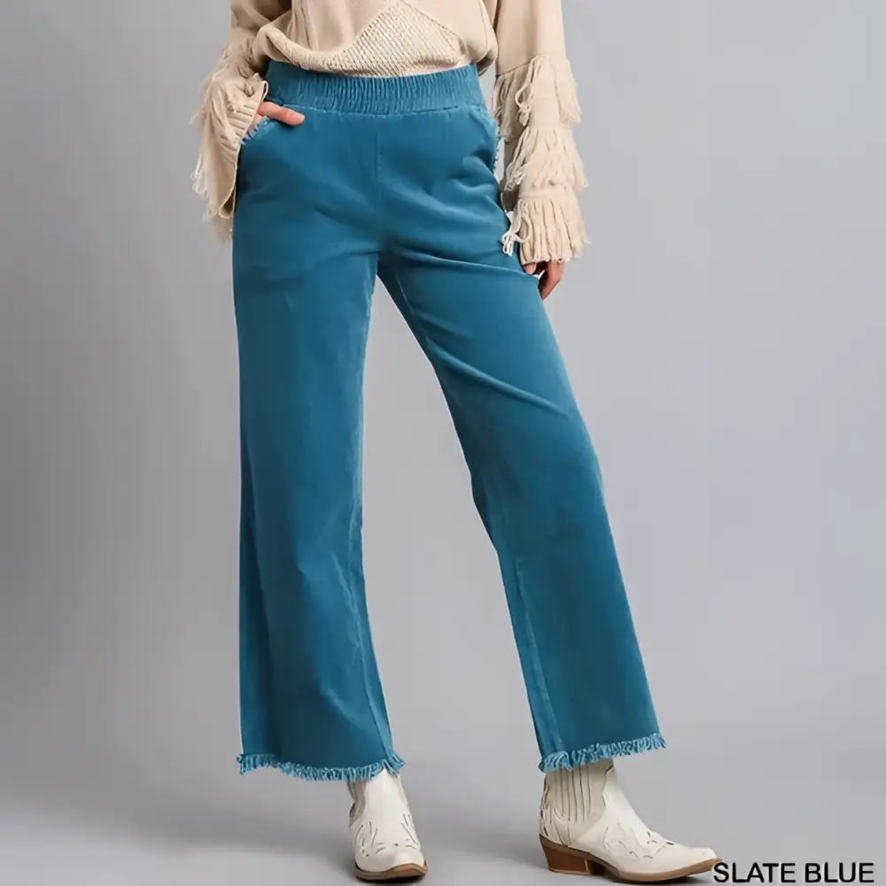 Slate Blue Pull On Corduroy Pants with Frayed Hem - Posh Finds