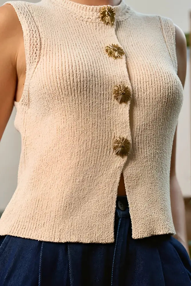 SLEEVELESS VEST STYLE BUTTON DOWN SWEATER: Black - Women > Tops