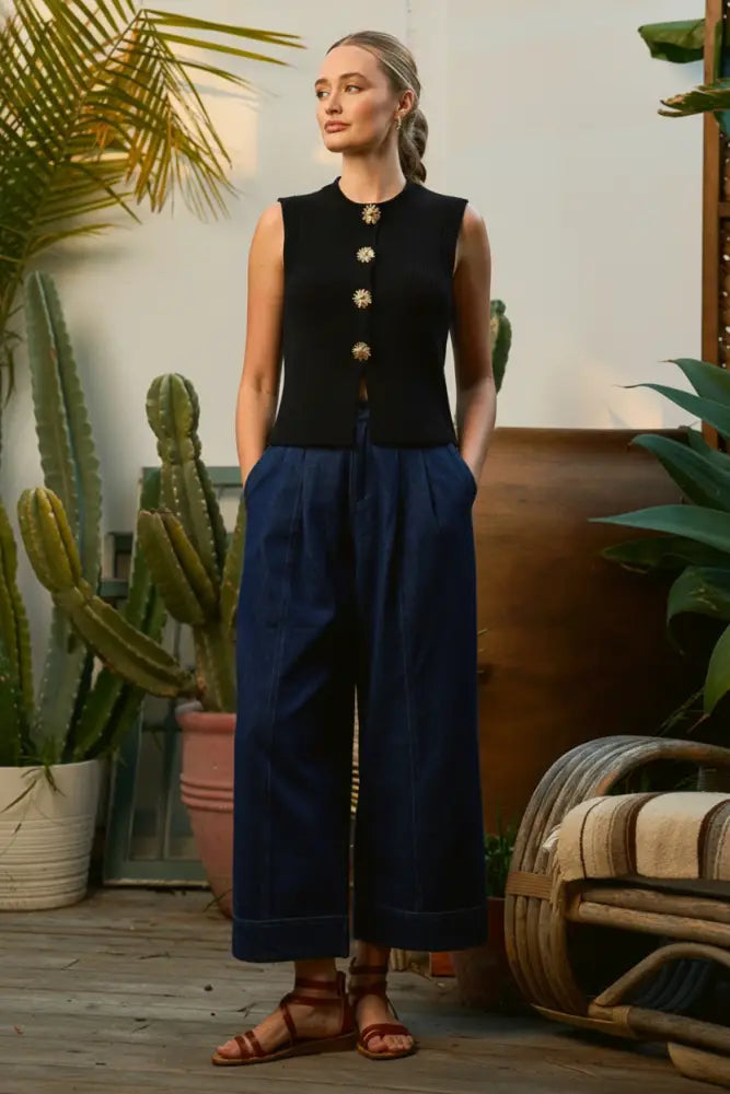 SLEEVELESS VEST STYLE BUTTON DOWN SWEATER: Black - Women > Tops