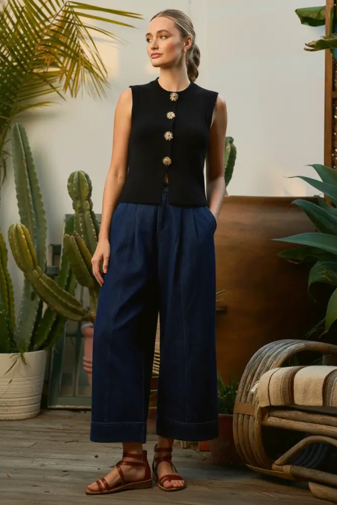 SLEEVELESS VEST STYLE BUTTON DOWN SWEATER: Black - Women > Tops