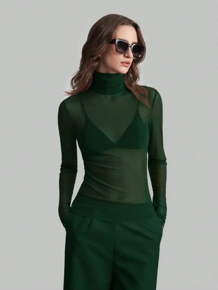 Slim Fit Solid Mesh Long Sleeve Stand Collar Blouse: Forest Green / Missy / S - Posh Finds