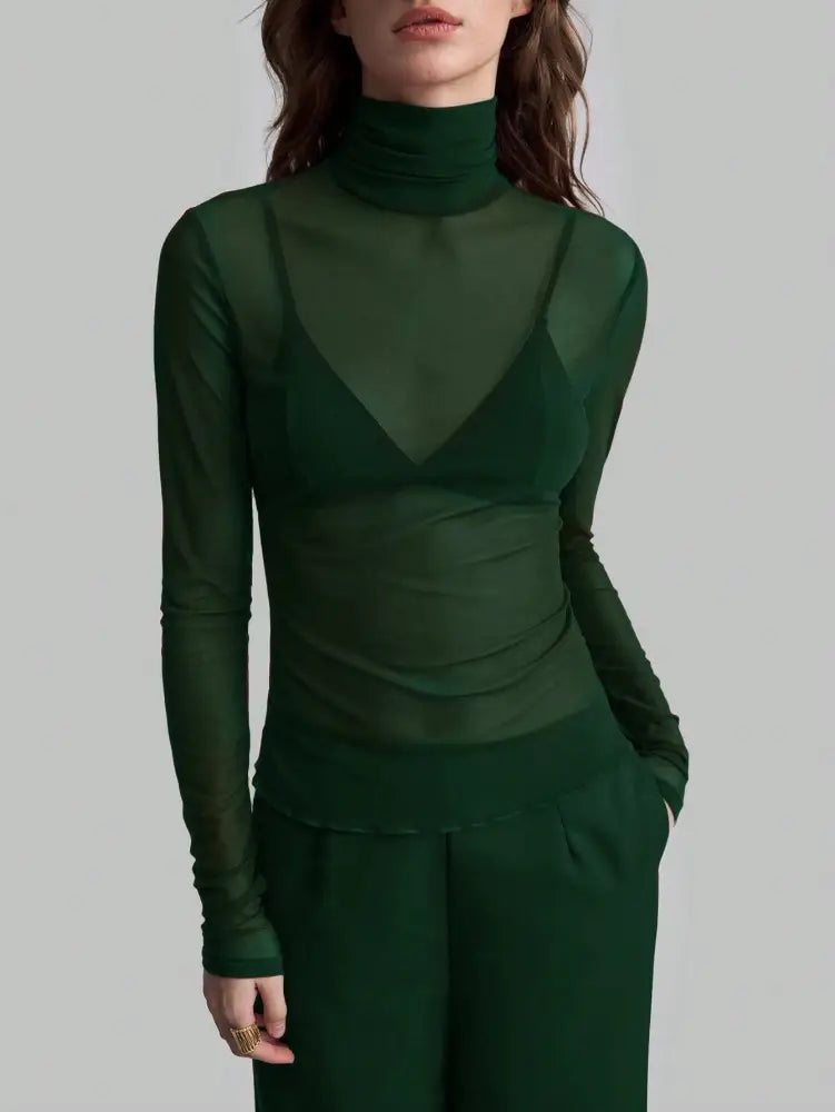 Slim Fit Solid Mesh Long Sleeve Stand Collar Blouse: Forest Green / Missy / S - Posh Finds