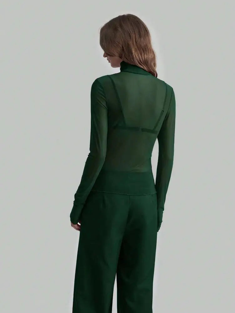 Slim Fit Solid Mesh Long Sleeve Stand Collar Blouse: Forest Green / Missy / S - Posh Finds