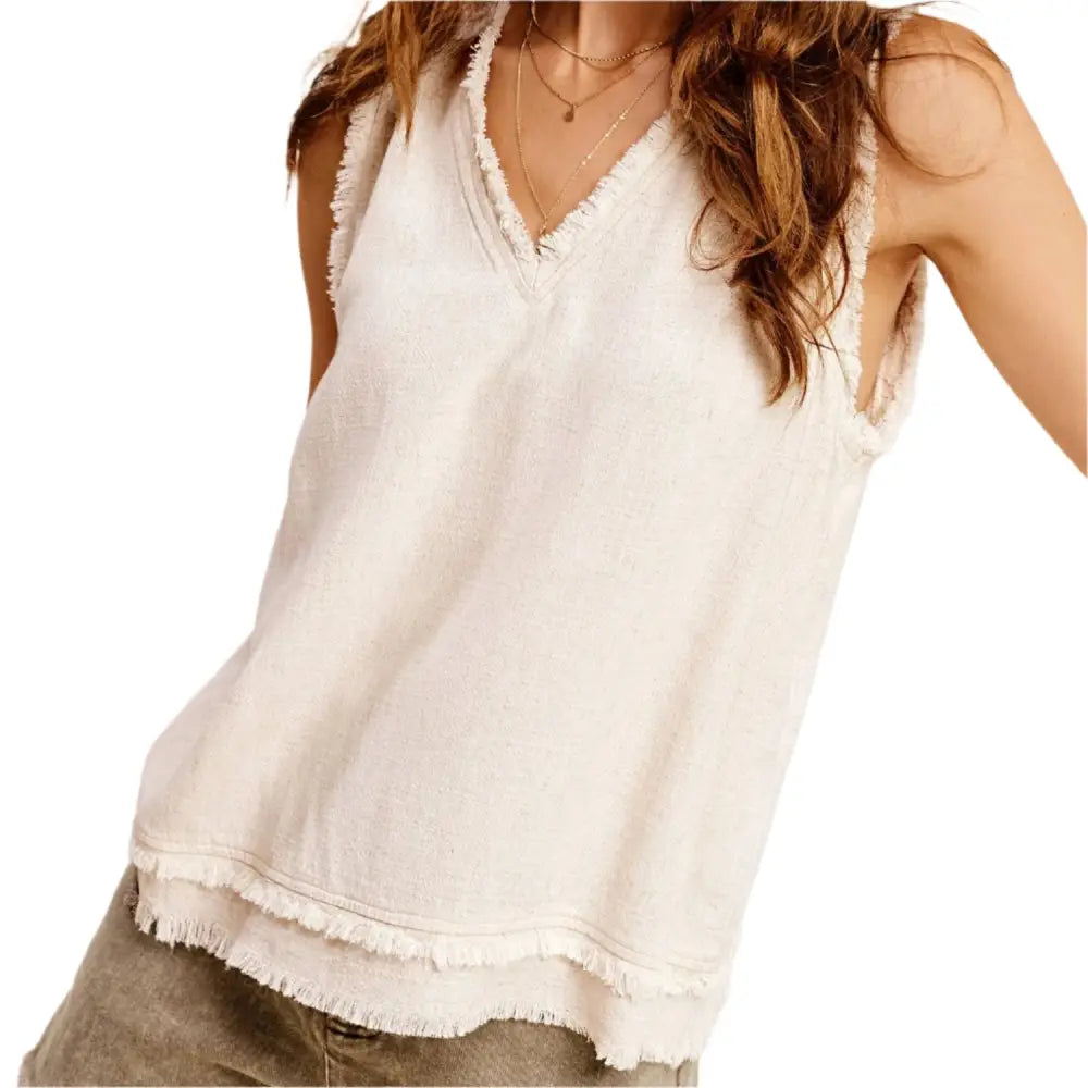 Soft Washed Gauze Cut Edge Sleeveless V-neck Top: Natural - Posh Finds