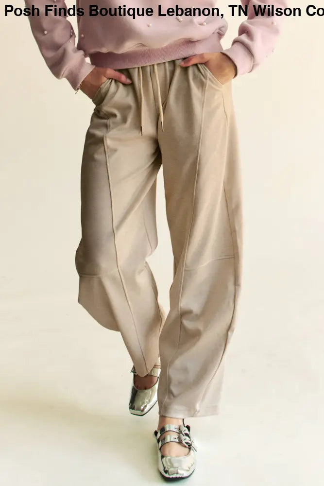 SOLID ELASTIC WAISTBAND POCKETS LONG BARREL PANTS: Khaki / S - Posh Finds