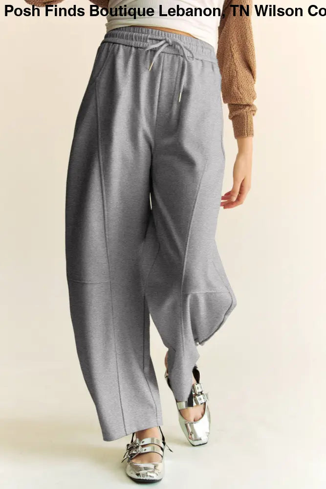 SOLID ELASTIC WAISTBAND POCKETS LONG BARREL PANTS: Khaki / S - Posh Finds