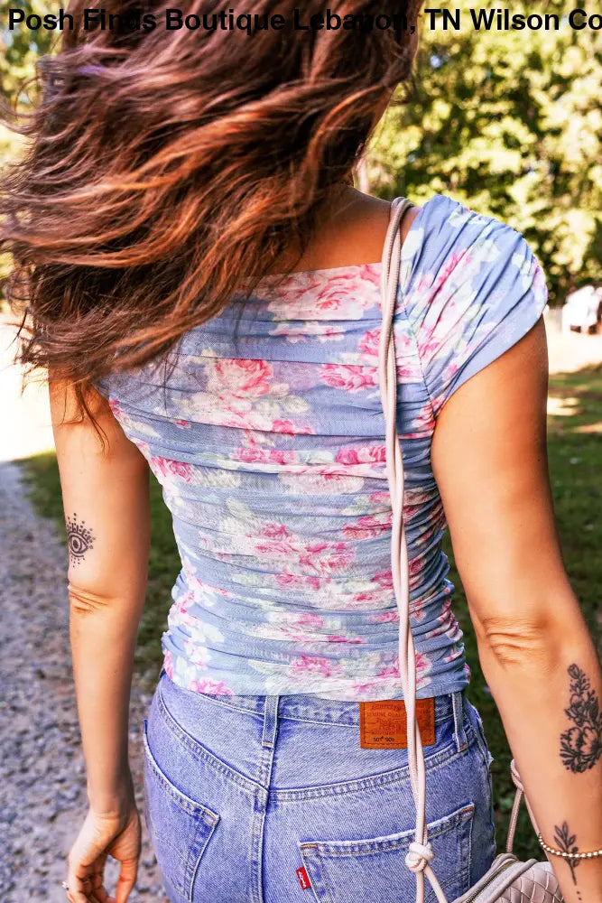 Square Neck Cap Sleeve Ruched Floral Mesh Top: Sky Blue - Women > Tops