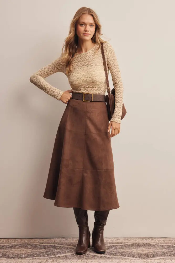 Stretched Suede A-Line Midi Skirt FSK0023: Mocha / Contemporary / S