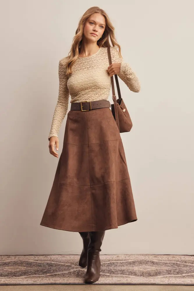 Stretched Suede A-Line Midi Skirt FSK0023: Mocha / Contemporary / S