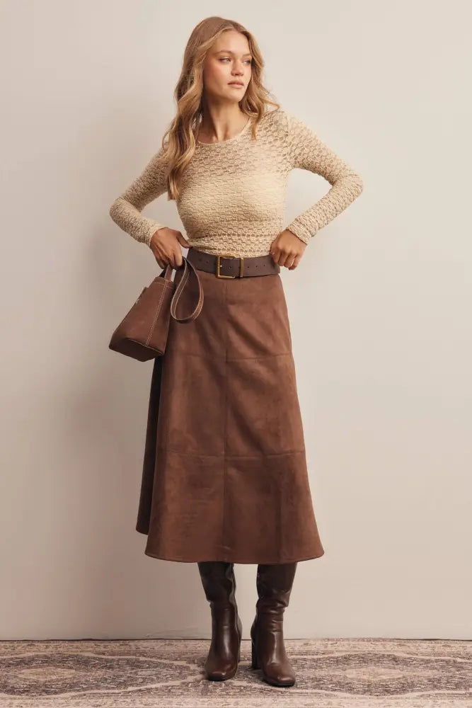 Stretched Suede A-Line Midi Skirt FSK0023: Mocha / Contemporary / S