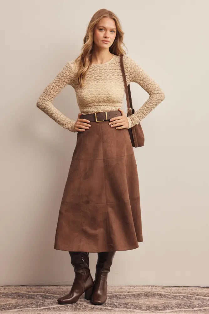 Stretched Suede A-Line Midi Skirt FSK0023: Mocha / Contemporary / S