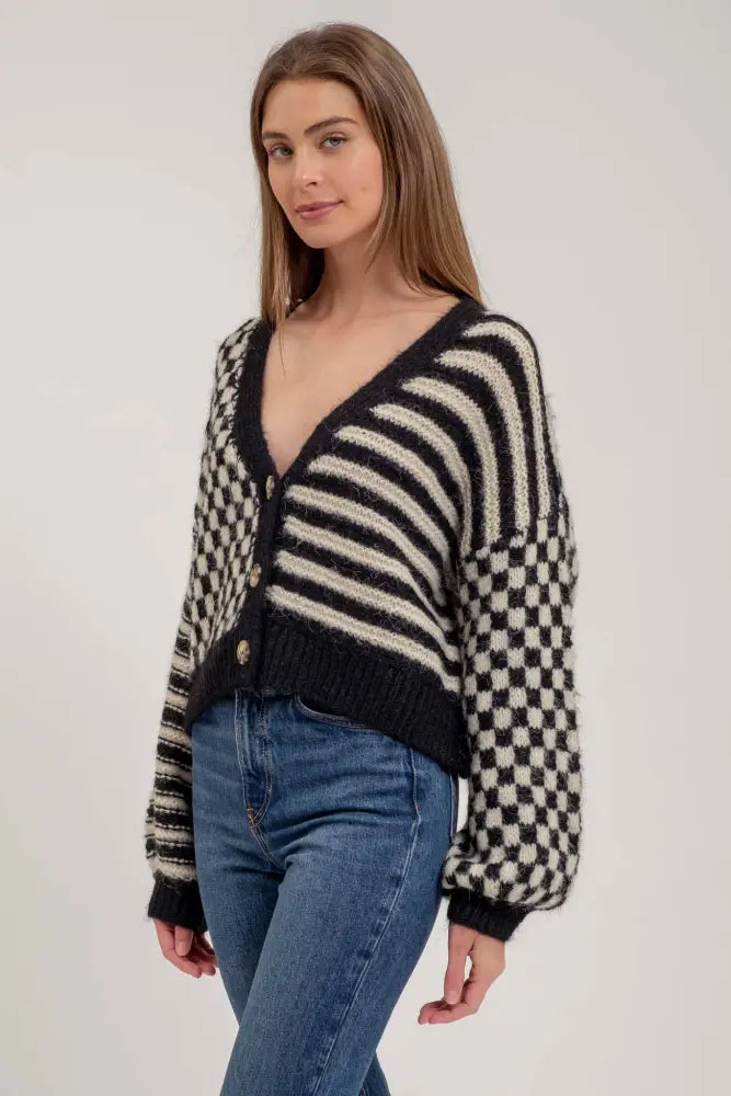 STRIPE AND CHECKERED DROP SHOULDER KNIT CARDIGAN: BLACK - Posh Finds