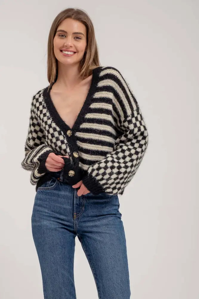 STRIPE AND CHECKERED DROP SHOULDER KNIT CARDIGAN: BLACK - Posh Finds