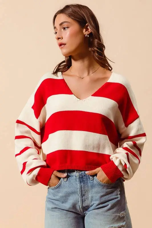 Stripe Knitted V Neck Loose Fit Sweater: RED/IVORY - Posh Finds