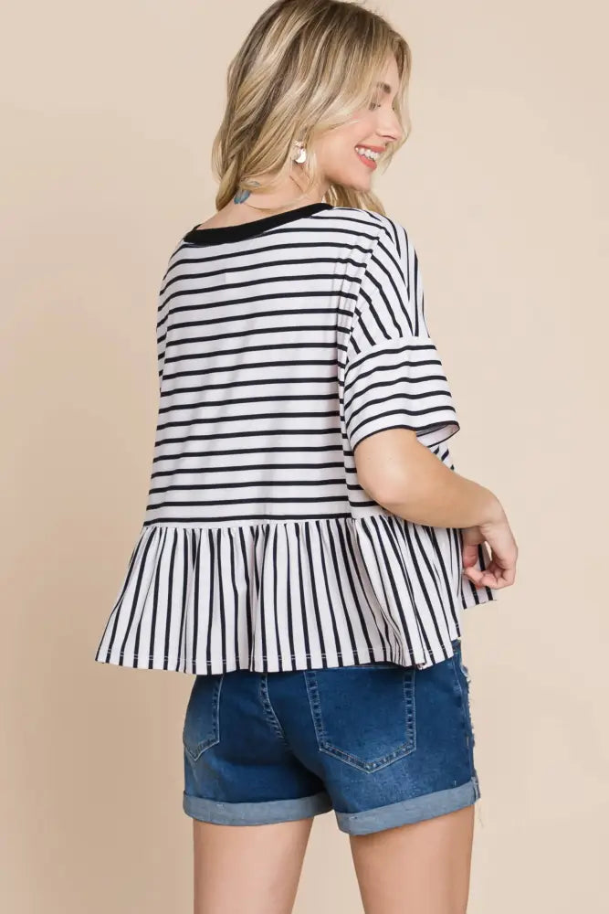 Striped Babydoll Short Sleeve Top: Black - Posh Finds