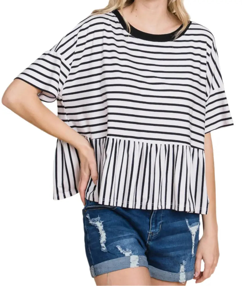 Striped Babydoll Short Sleeve Top: Black - Posh Finds