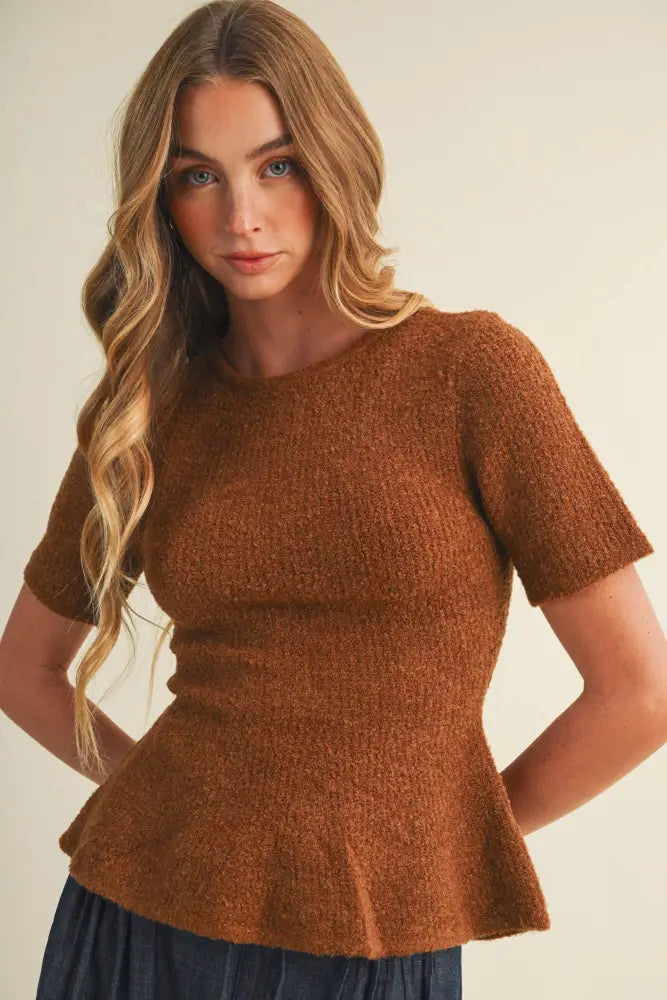 Textural Bouclé Knit Peplum Pullover: GINGER BREAD / L