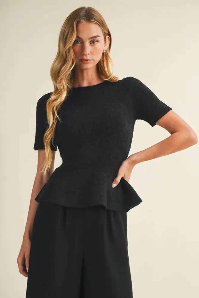 Textural Bouclé Knit Peplum Pullover: GINGER BREAD / M