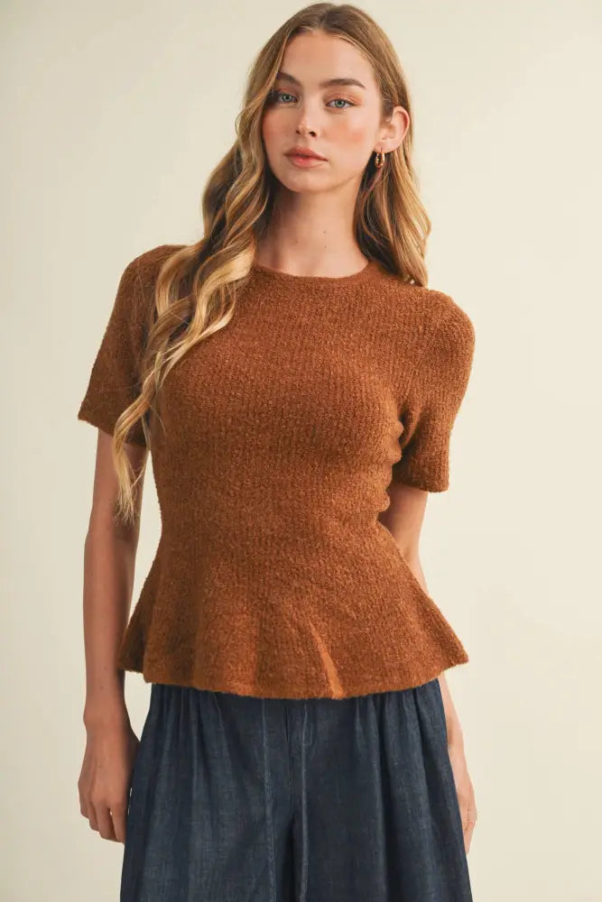 Textural Bouclé Knit Peplum Pullover: GINGER BREAD / M