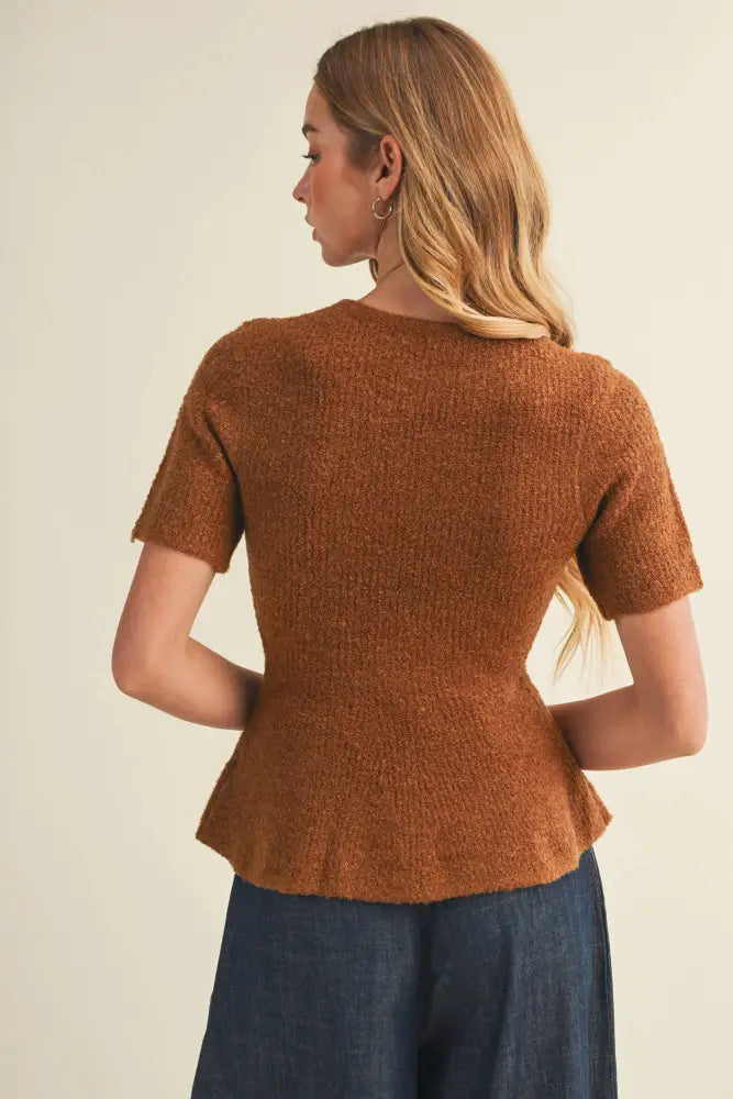 Textural Bouclé Knit Peplum Pullover: GINGER BREAD / M