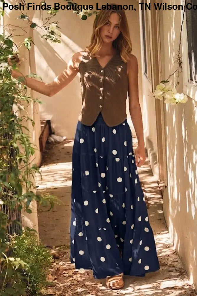 Tiered Polka Dot Maxi Skirt: NAVY WHITE / S