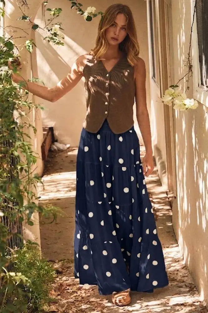 Tiered Polka Dot Maxi Skirt: NAVY WHITE / S