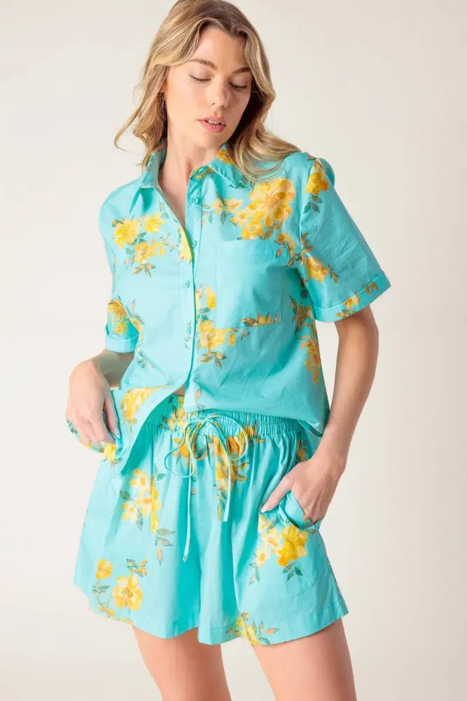 Turquoise Printed Woven Top and Short Set - set