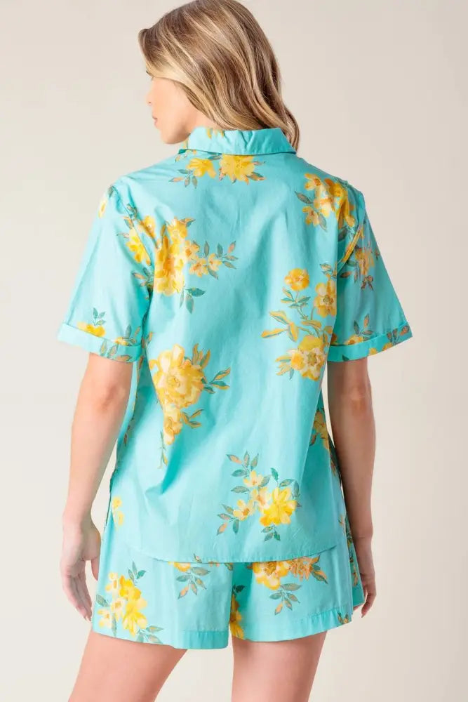 Turquoise Printed Woven Top and Short Set - set