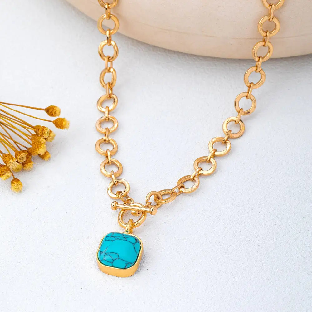 Turquoise-Tone Medallion Toggle Necklace | 80N93042: Gold