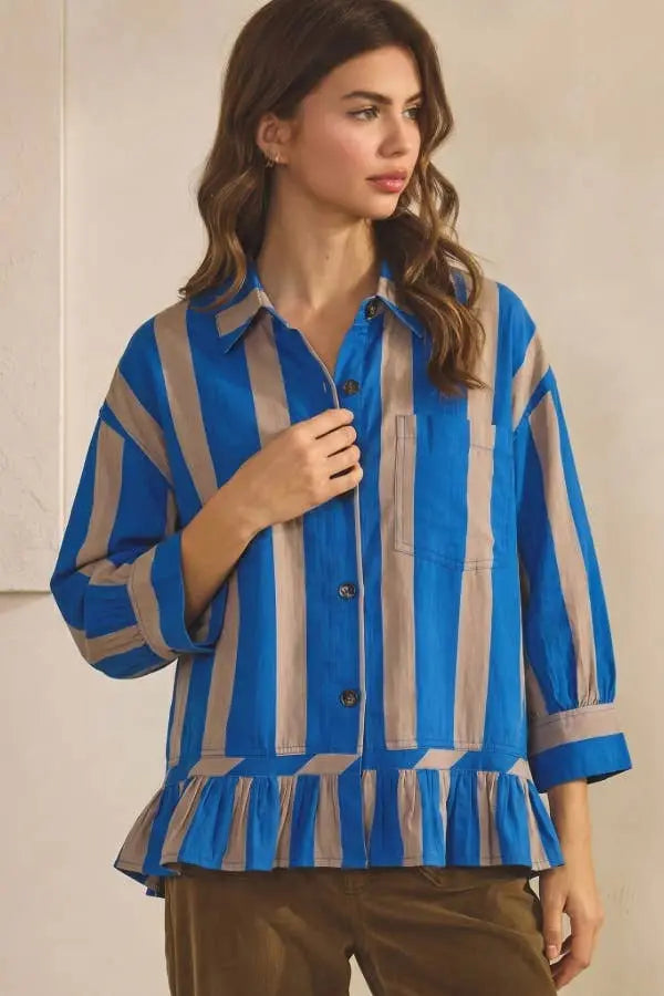 VERTICAL STRIPE SHIRT WITH BUTTON FRONT: BROWN COMBO / S