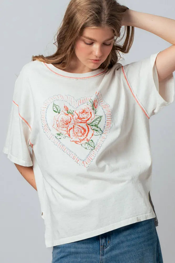 Vintage Rose Heart Floral Oversized Graphic Tee: IVORY - Posh Finds