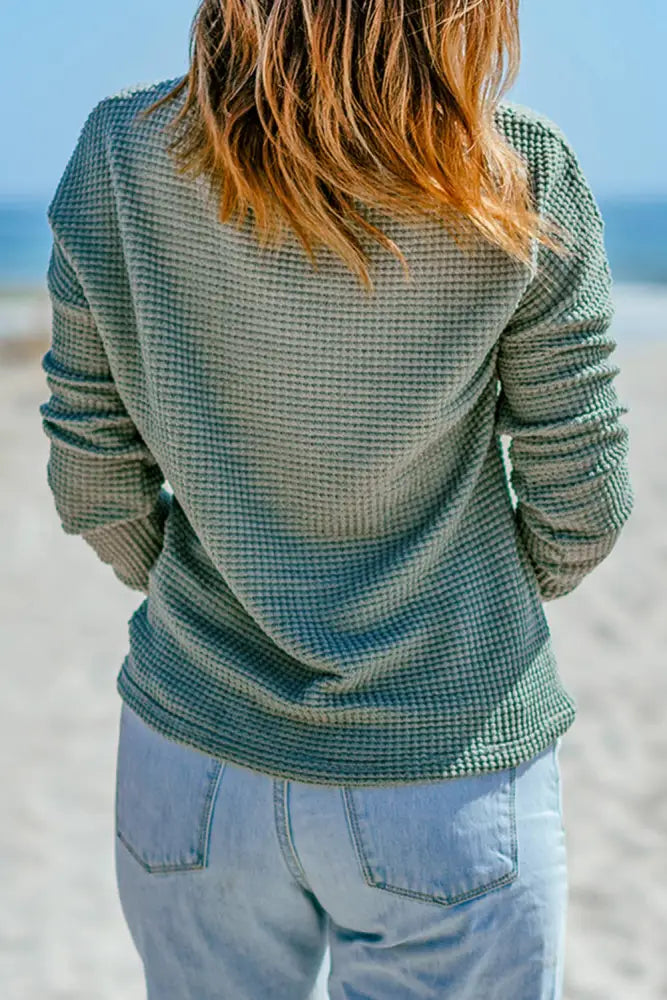 Waffle Knit Drop Shoulder Long Sleeve Top: Apricot - Posh Finds