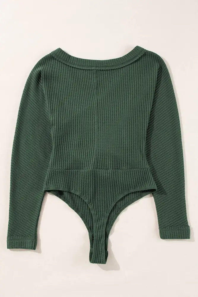 Waffle Knit Slim Fit Wrap V Neck Bodysuit: Blackish Green - Posh Finds