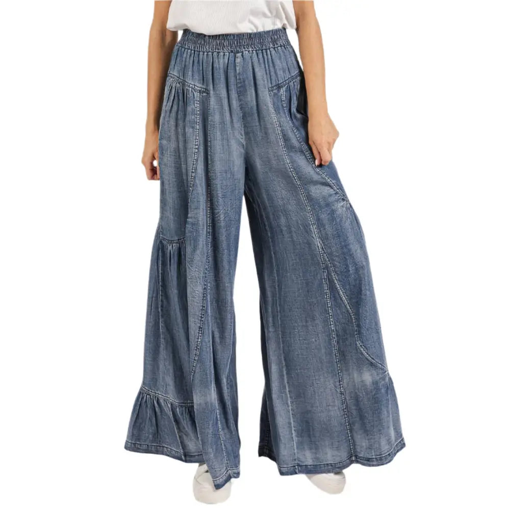 WASHED CHAMBRAY TIER DETAIL WIDE LEG PANTS: DENIM - Posh Finds