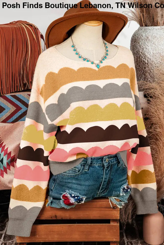 Wave Stripe Balloon Sleeve Drop Shoulder Sweater - Posh Finds
