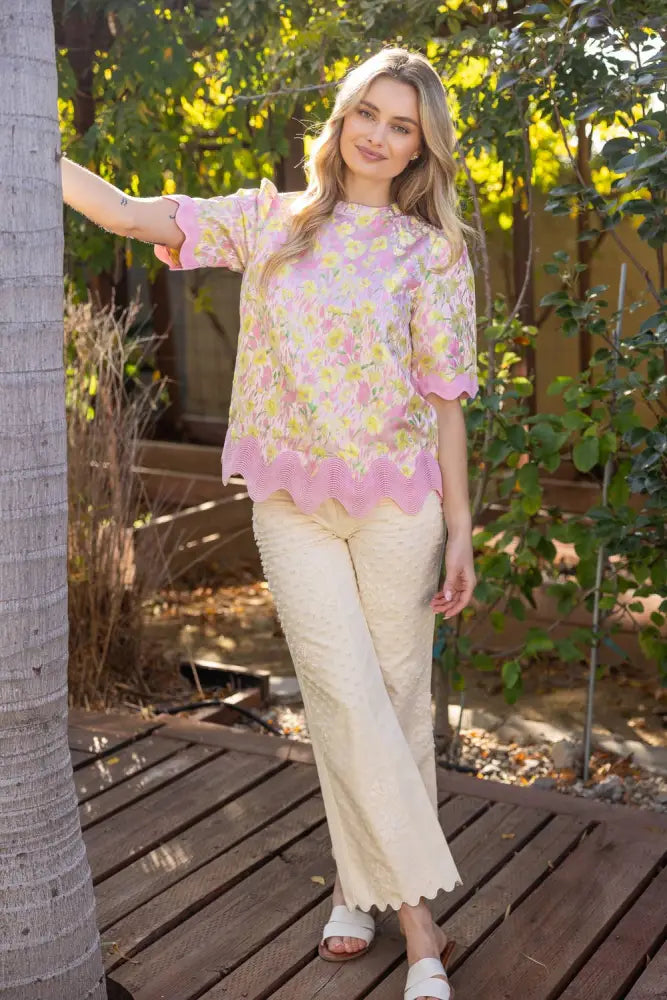 Wavy Trim Detailed Floral Jacquard Top: Pink - Posh Finds