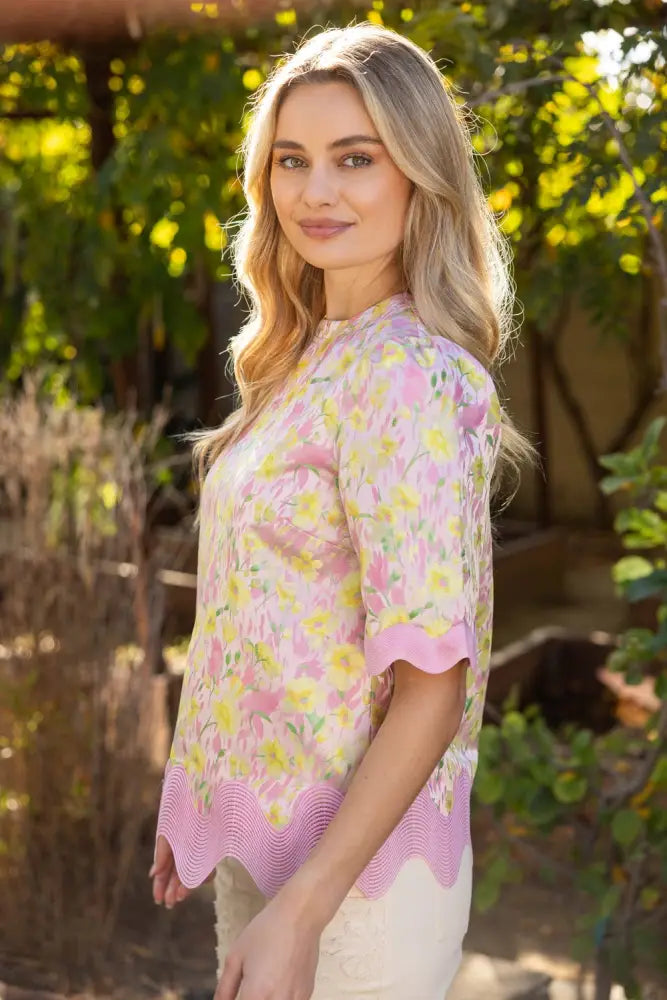 Wavy Trim Detailed Floral Jacquard Top: Pink - Posh Finds