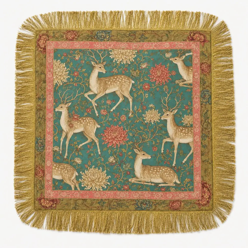 Western Botanical Crane Deer Print Fringed Scarf - Deer Print - Accessories