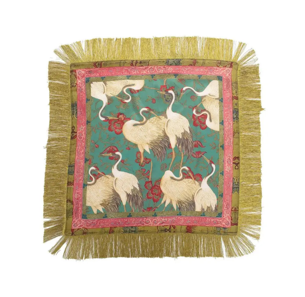 Western Botanical Crane Deer Print Fringed Scarf - Red Floral Cranes - Accessories